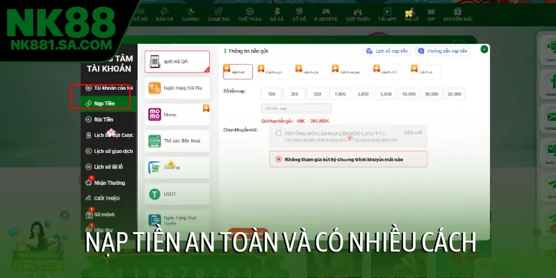 Nạp tiền an toàn và có nhiều cách