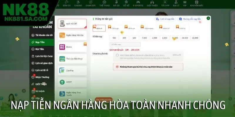 Nạp tiền ngân hàng hòa toàn nhanh chóng